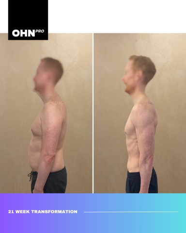 Before and after photos showcasing a 21-week fitness transformation.