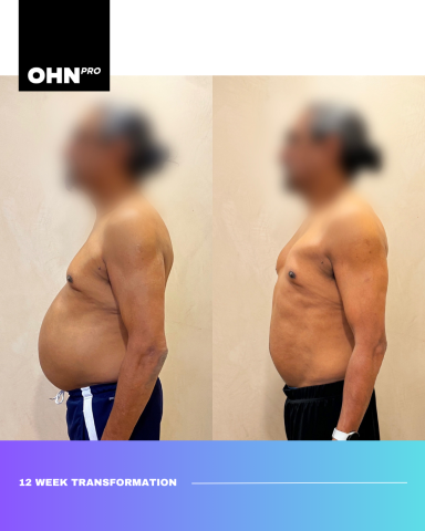 Before and after photos showcasing a 12-week fitness transformation.