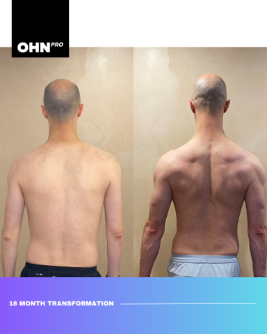 Before and after photos showcasing a 18-month fitness transformation.