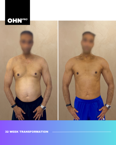 Before and after photos showcasing a 32-week fitness transformation.