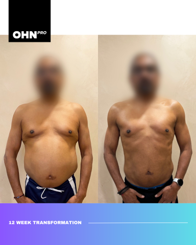 Before and after photos showcasing a 12-week fitness transformation.