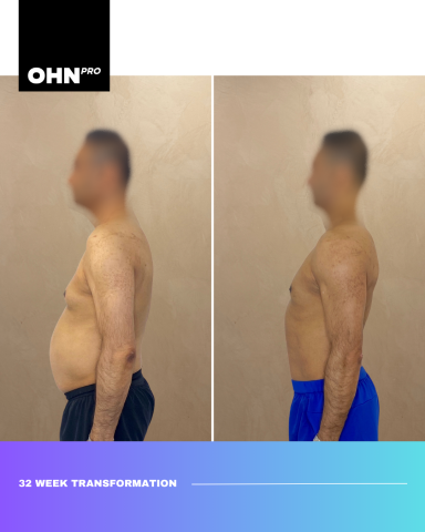 Before and after photos showcasing a 32-week fitness transformation.