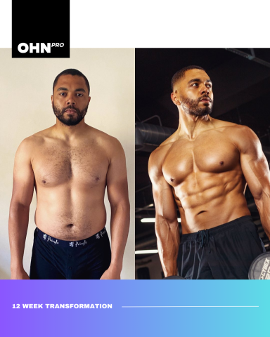 Before and after photos showcasing a 12-week fitness transformation.