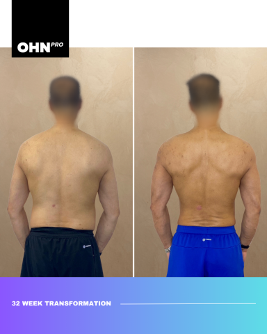 Before and after photos showcasing a 32-week fitness transformation.